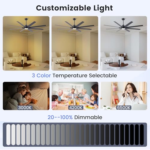 Newday 72 Inch Black Large Ceiling Fan with Light, Remote, Reversible DC | 8-blade, 6-speed with timer, 3CCT dimmable LED, silent high airflow, 3 downrods for living room, patio, indoor/outdoor - size: 72 Inch