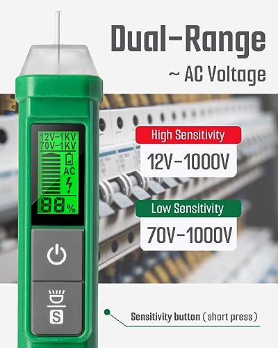 Voltage Tester, TN-213 Non-Contact Voltage Detector, Electrical Tester, AC 12V-/70V-1000V, Dual-Range, LCD Display in Percentage, Buzzer Alarm, Live Wire Test, Wire Breakpoint Finder - Green
