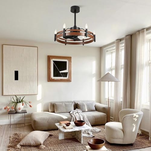 24" Wagon Wheel Chandelier Ceiling Fan with Lights and Remote | 6-Light Rustic Chandelier with Fan, Farmhouse Fandelier for Dining Room Bedroom Living Room, E12 Bulbs Not Included - color: 24" Wagon Wheel