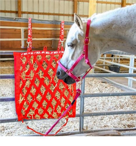 Majestic Ally Double Side Open Slow Feeder Hay Bag - Diamond Shaped Obliquely Placed Webbing (Red) - color: Red