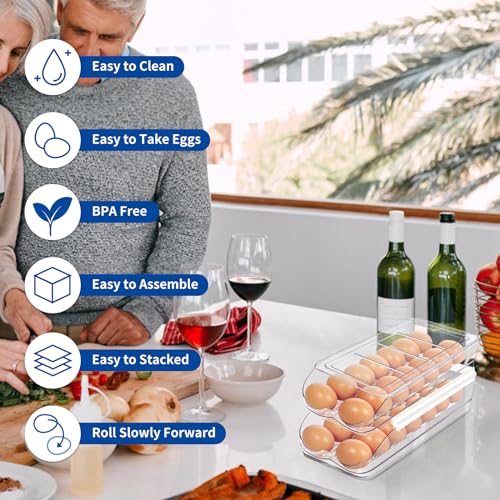 MesRosa Egg Holder for Fridge, Automatic Rolling Egg Organizer -2 Layer | Stackable Clear Egg Container & Tray for Refrigerator, Durable Dispenser and Storage with Sturdy Lid to Saving Space - size: 2 Layer Holder 28 Eggs