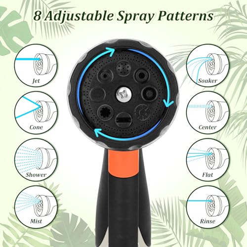 Garden Hose Nozzle, Heavy Duty Metal Water Nozzle with 8 Adjustable Spray Patterns, High Pressure Ergonomic Flow Control for Watering Plants, Lawns, Washing Cars, Pets, Black with Orange