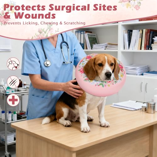 IEUUMLER Inflatable Recovery Dog Cone Collar, Neck Donut Protective ECollar, Adjustable Soft Collar for Dog and Cat After Surgery Prevent from Biting & Licking EU020 Floral Wreath L - color: Floral Wreath, size: Large (Neck:14''-17'')