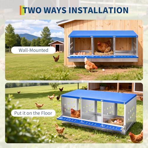 37.8" Metal Chicken Nesting Box, 3-Compartment Poultry Nest Box with Perch and Ventilation Holes, Blue Roof Hen Laying Box for Up to 3 Chickens - color: Blue A, size: 37.8"L x 15.8"W x 18.9"H