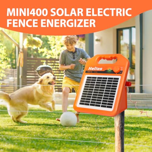 MINI400 30 Miles Solar Electric Fence Charger, 0.4 Joule Solar Electric Fence for Livestock, Horses, Cattle Sheep, Solar Fence Charger with Day or Night Mode, Easy Installation - size: MINI400