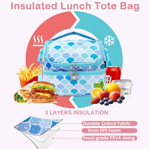FlowFly Double Decker Cooler Insulated Lunch Bag Large Tote for Boys, Girls, Men, Women, With Adjustable Strap (Mermaid) - color: Mermaid