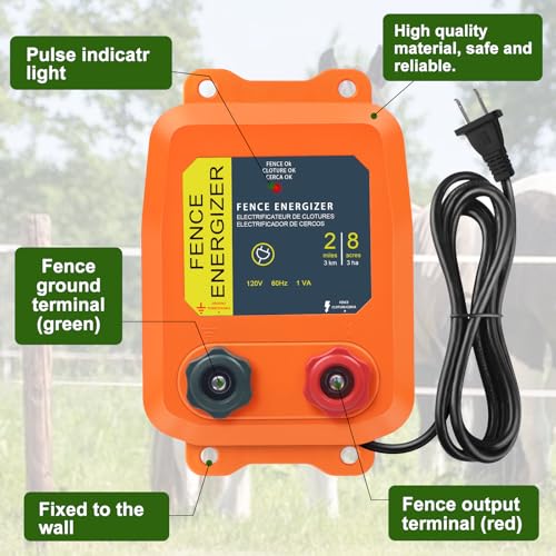 PE2 Electric Fence Charger, 2-Mile/ 8 Acres Electric Fence Charger,0.1 Joule Livestock Fence Chargers for Containing Dogs, Livestock and Preventing Wild Animals Intruding,Orange