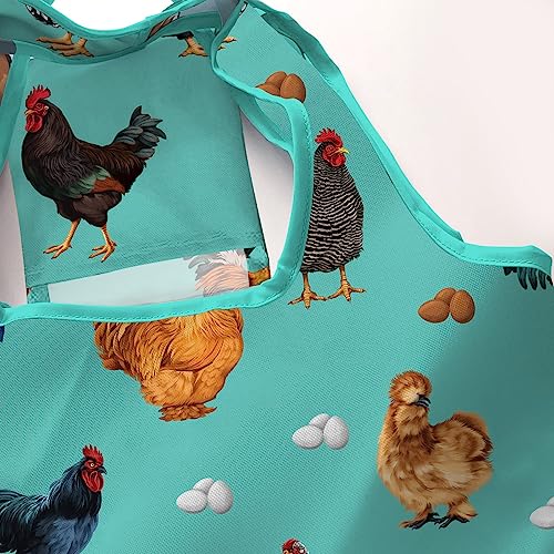 WIRESTER Reusable Grocery Tote Bag for Women, Foldable Shopping Bag, Cute Shoulder Bag, Beach Bag - color: Barnyard Chicken Roosters Teal