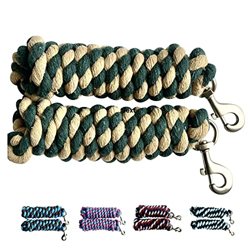 Majestic Ally Pack of 2 Solid Cotton Lead Rope for Horses & Livestock – 10 Foot Long and 5/8 inch Thick - Replaceable Heavy-Duty Satin Bolt Snap – Handmade – Soft, Broken in Feel (Hunter Green -Tan) - color: Hunter Green -Tan