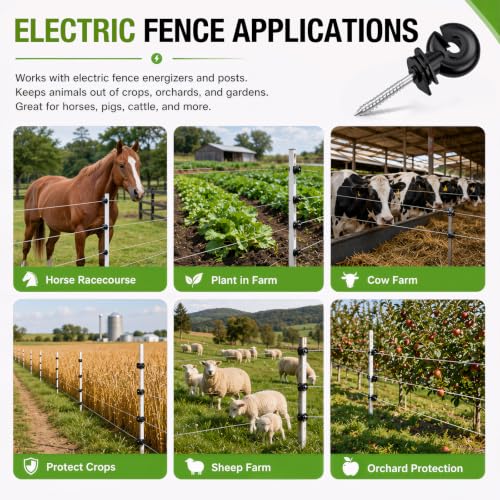 Electric Fence Insulators 50Pcs, Self-Tapping Screw-in Ring Insulators for Wood Posts, PP+PE Composite Material Fits 8-30 Gauge Wire/Tape/Rope, Heavy Duty Ranch Fencing Kit
