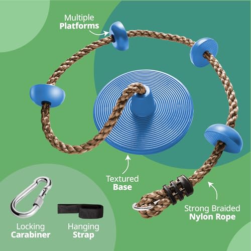 Jungle Gym Kingdom Tree Swing for Kids - Single Disc Seat and Brown Climbing Rope Set w/Carabiner and 4 Foot Strap - Treehouse and Outdoor Playground Accessories - Blue - color: Blue Disc/Brown Rope Swing