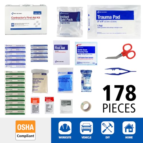 First Aid Only 9302-25M 25-Person Contractor's First Aid Kit for Home Renovation, Job Sites, and Construction Vehicles, 178 Pieces, White - style: Kit