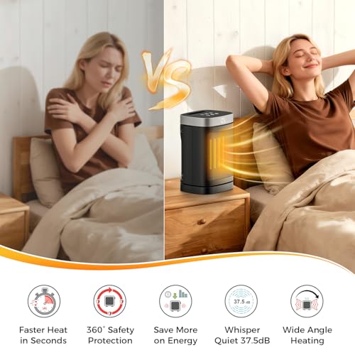 1500W Portable Space Heater for Indoor Use, Fast Heating PTC Electric Heater with 70° Oscillation, Remote Control, 1–12H Timer, Quiet Small Heater for Bedroom Home Office - size: 9.96" / 70° Oscillation