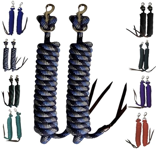 Majestic Ally 14' Pack of 2 Poly Training Lead Rope with Leather Popper for Horses & Livestock – 14 Foot Long and 5/8 inch Thick - Replaceable Heavy-Duty Bolt Snap (Navy-Blue-White) - color: Navy-Blue-White