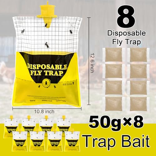 Outdoor Fly Traps for Patio - 8 Large Pre-Baited Flies Bags Disposable | Hanging Fly Catcher Killer Repellent with 8*50g Bait for Stable Horse Barn & Farm | Easy to use | Durable | Effective - size: 8 pack