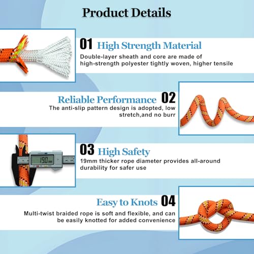 3/4 in x 200 ft Double Braid Polyester Arborist Rigging Rope, 72 Strands Heavy Duty Bull Rope for Tree Work, Climbing, Pulling, Logging, Swing, Orange - size: 3/4inch x 200feet