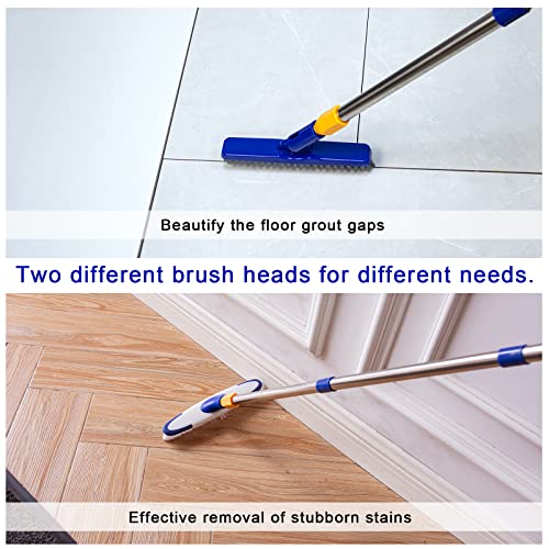 Grout & Scrub Brush Combo, Floor Scrubber with Long Handle, Multi-Purpose Stiff Bristles Cleaning Brush Set for Tile, Grout, Deck, Kitchen, Shower Floor (2 Pcs) - color: White & Blue Head