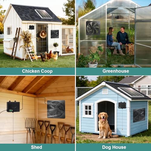 7.1“Solar Powered Fan for Chicken Coop with Pull String, Runs Day and Night | 12000mAh Battery , Timer 4/8H,USB-C & Solar Dual Power, Waterproof Exhaust Fan for Shed Greenhouse Doghouse