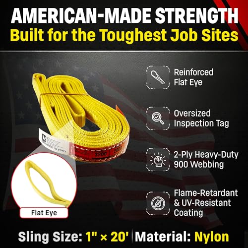 DD Sling 1 Inch x 20 Foot Nylon Lifting Sling – USA Made, 3,200 lb Vertical, 2,600 lb Choker, 6,400 lb Basket – 2-Ply Heavy Duty 900 Webbing, Type 3 Flat Eye & Eye Rigging Sling - size: 1"x20'