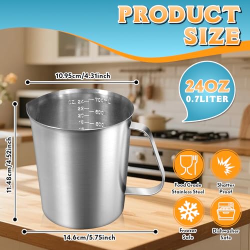 Stainless Steel Measuring Cup 24oz (3 Cup / 700ml), Heavy Duty Liquid Measuring Pitcher with Handle & Engraved Markings, Metal Measuring Cup for Coffee, Milk, Baking & Frothing - size: 24oz/700ml