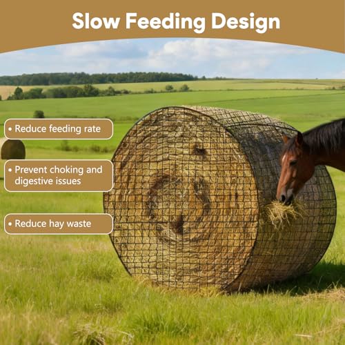 5×5 FT Round Bale Hay Net for Horses & Goats, Heavy Duty Knotless Slow Feed Hay Nets, 1.75" Mesh, Weather Resistant Round Bale Net with Repair Kit for Pasture and Barn - size: 5*5FT
