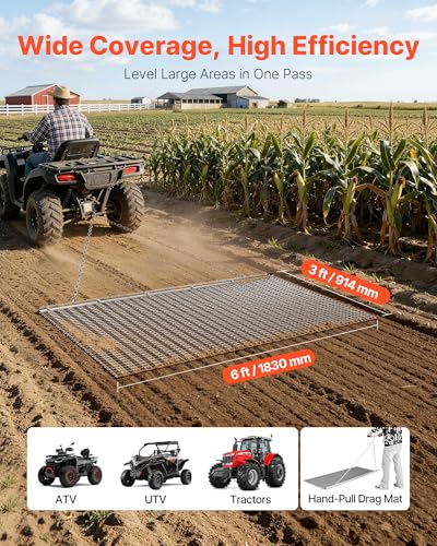 VEVOR Drag Harrow, 6 x 3 ft, High-Efficiency Chain Harrow Rake, ATVs UTVs Tractors Attachments, Durable Galvanized Steel Mesh Drag Mat with Towing Chain, for Gravel Driveway Ruts Farm Field Leveling - size: 72.05 x 35.98 x 0.39 inch