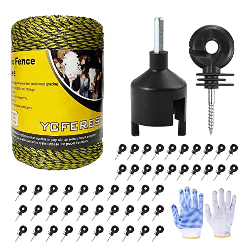 Upgraded Electric Fence Poly Wire 330 Feet 100 Meters and 50 Pcs Black Electric Fence Insulator Screw-in Insulator Fence Ring Wood Post Insulator - size: 330 Feet Wire/50 Insulator