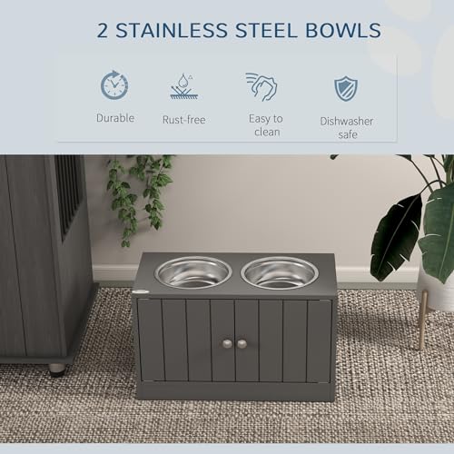 PawHut Large Elevated Dog Bowls with Storage Cabinet 44L Capacity Gray | Raised Dog Bowl Stand, Pet Feeding Station - color: Gray
