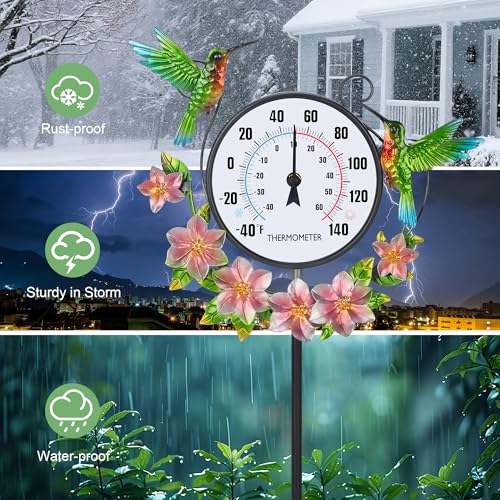 Outdoor Indoor Wall Thermometer with Hummingbird Metal Stake Outside Waterproof Decorative Temperature for Lawn Yard Pathway Patio No Batteries Required