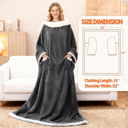 Wearable Heated Blanket With Sleeves & Foot Pocket, Heated Throw Blankets Fast Heating Blanket With 10 Heat Settings Auto Shut Off Over-Heat Protection-Warm Gift, Machine Washable, 52”*72”+18” - color: Dark Gray