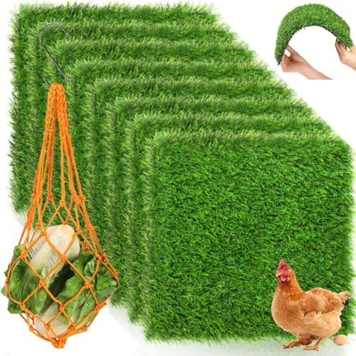 Tlence 8 Pack Chicken Nesting Pads with Veggie Feeder, 12x12 Washable Artificial Grass Nesting Box Liners, Thick Synthetic Turf Coop Bedding Mats for Laying Eggs