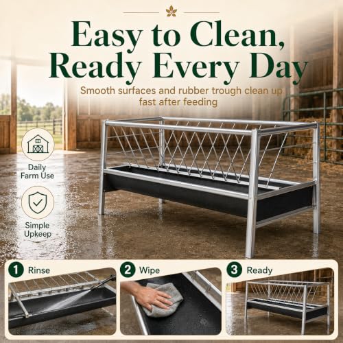 98 Gallon Livestock Feeder, Hay Feeder for Goats Sheep Calves and Horses | Anti-waste stainless steel goat feeder with rubber trough supports hay and feed access for goats, sheep, calves and horses.