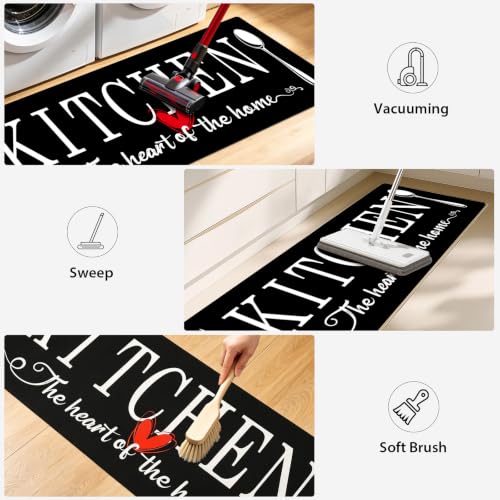 Kitchen Rugs Set 3 Piece, Non Slip Black Kitchen Mats for Floor, Soft Fabric with Rubber Backing, Farmhouse Anti Fatigue Runners Carpet for Home Kitchen Laundry Room Hallway (Black) - color: Black