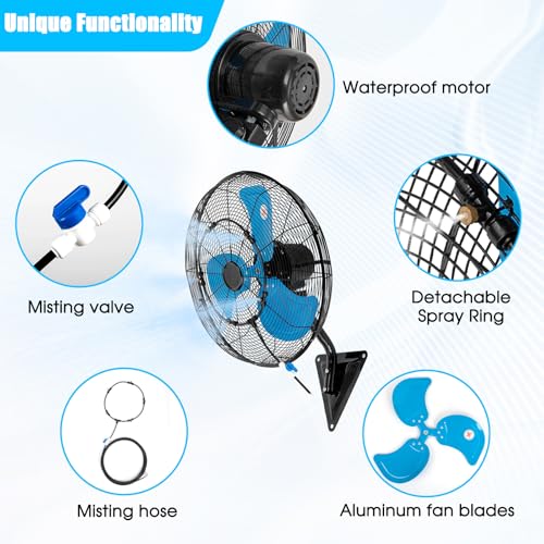 20 Inch Wall Mount Fan with Mist, Powerful Airflow Oscillating Fans | Max 7100CFM Heavy Duty Industrial Wall Mounted Fan with 17.5FT Misting Hose for Garage, Factory, Patio, Greenhouse, Porch