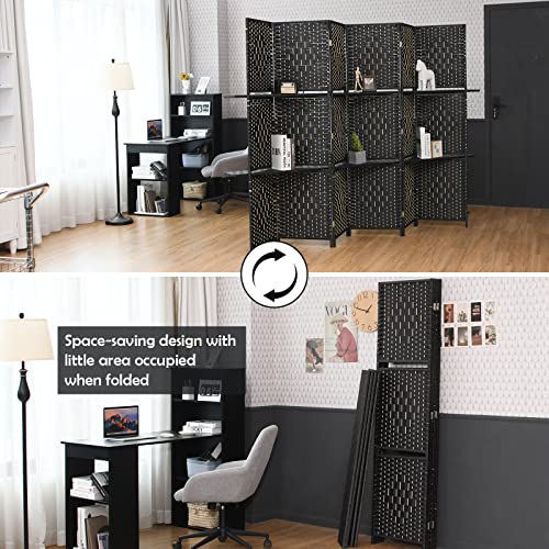 Giantex 6Ft 6 Panel Room Divider with Shelves, Freestanding Hand-Woven Rattan Folding Privacy Screens for Room Separation, Wooden Partition Room Divider Wall for Home Office Studio Separator - color: Black