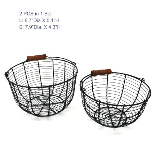 Metal Wire Egg Baskets Wire Fruit Baskets with Wooden Handle Country Vintage Style Storage Baskets. Matt Black, Set of 2. (Round)