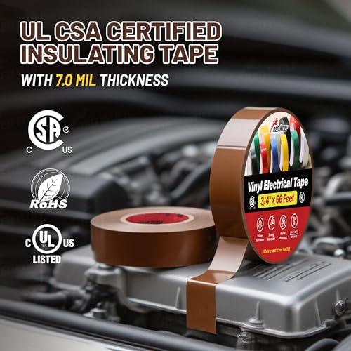RED WOLF 10 Pack Brown Electrical Tape 3/4 Inch x 66 Ft Industrial Grade UL/CSA Listed 7 Mil Thick Flame Retardant High Temp Waterproof Electrical PVC Tape Electric Super Vinyl Rated 600V - color: Brown