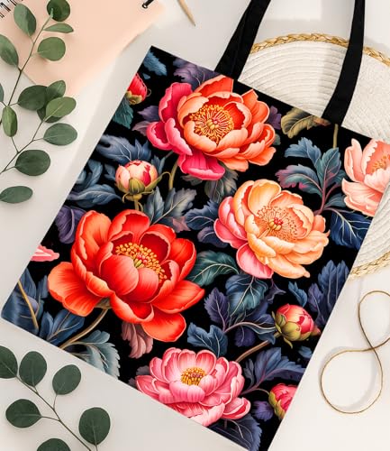 Aesthetic Floral Canvas Tote Bag - Reusable Shoulder Tote Bag for Women Lady Casual Vacation, Shopping, Work, Gym - color: 6