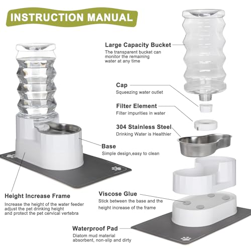 RIZZARI 8L Elevated Dog Water Dispenser: Senior Pets Filtered Hydration | Raised Stand Helps Reduce Neck Strain/Stainless Steel Bowl/Quiet Gravity-Fed Operation/for Multi-Pet Homes - color: Bright White, size: 8L