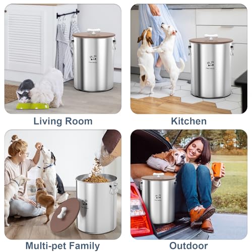 Paw Libero 25 Lbs Stainless Steel Dog Food Storage Container with Airtight Wooden Lid & Ceramic Bone Handle, Large Metal Dog Food Bin for Dogs & Cats, Keep Fresh, Easy to Clean - size: 25 lbs - 1pk