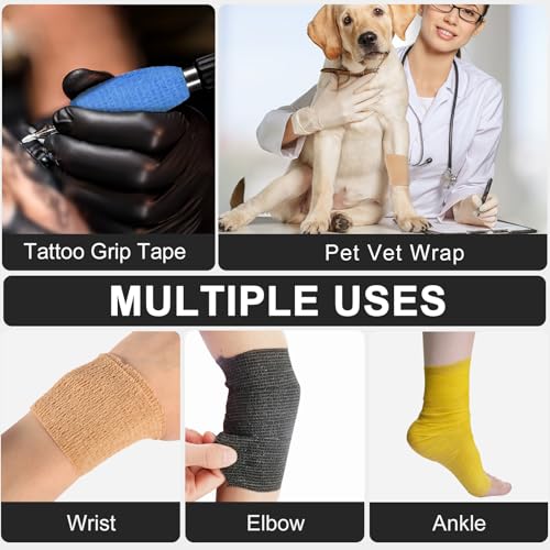 48 Pack Self Adhesive Bandage Wrap, 2” x 5 Yards Cohesive Medical Tape Elastic Grip Tape Black Sports Tape Athletic for Ankle, Wrist Sprains, Pet First Aid (Black) - color: Black