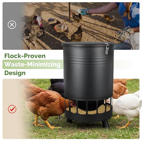 Solution4Patio 50LB No-Waste Chicken Feeder, Large Capacity Gravity Dispenser with Spill Control & 16 Feeding Ports Poultry Feeder for Outdoors & Hen Coop (Black) - color: Black