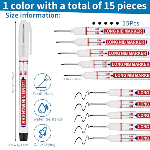 15 PCS Long Head Deep Hole Marker Pens,20mm Long Nib Marker,Longs Nose Markers,Waterproof Construction Markers Marking Tool,Permanent Markers Carpenter Ink marker Pens,Metal marking Pens,Black - color: 15PCS-20MM Black