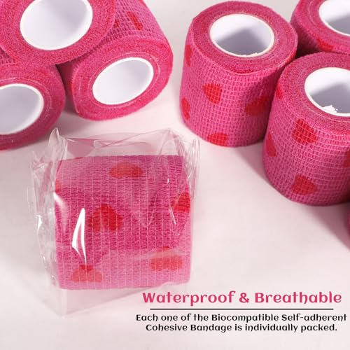 24 Rolls Elastic Self Adhesive Bandage Wrap 2 inch, Breathable Non Woven Cohesive Bandage, Vet Wrap for Dogs, Ankle Sprains Swelling Tape, Sports Athletic Tape (Pink Heart) - color: 2 Inch-24 Count Pink Heart