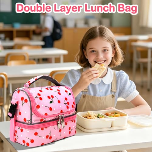 FlowFly Kids Double Decker Cooler Insulated Lunch Bag Large Tote for Boys, Girls, Men, Women, With Adjustable Strap, Cherry - color: Cherry