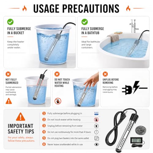 2000W Fast Heating Immersion Water Heater | Submersible Bucket Heater with 304 SS & Digital Thermometer, Safe & Compact Design for Tubs,Inflatable Pool & Farm