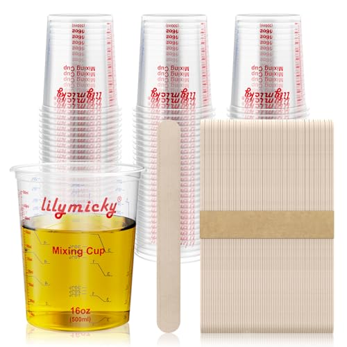 Lilymicky 16 oz Plastic Mixing Cups, 50 Pack 16 oz (500ml) Disposable Measuring Cups with 50 Wooden Mixing Sticks, Can Be Used for Epoxy Resin, Liquid Measuring, Paint, Cooking and Baking