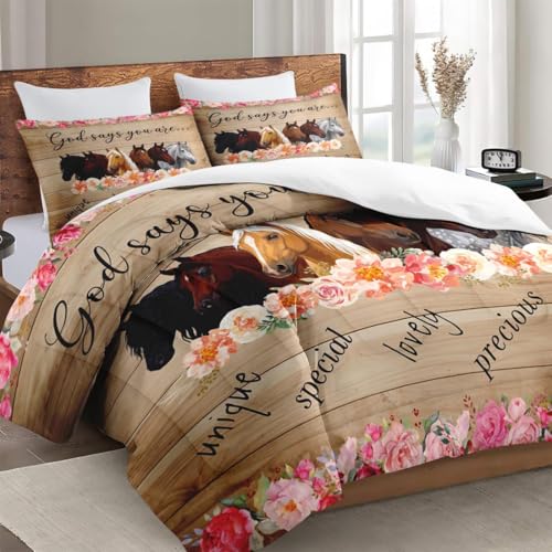 WeCozy Queen Comforter Set, 3 Pieces Colorful Horses Bedding, All Season | Animal Pink Flower Inspirational Thoughts Soft Comforter with 2 Pillowcases for Kids and Adults Room Bedroom Bed Decor - color: Multi 4, size: Queen