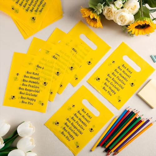 Coume 100 Pcs Bee Gift Bags Back to School Gifts Bags for Students Inspiration Quotes Plastic Goodie Snack Treat Bag with Handles Birthday Party Favors from Teachers, 6" x 8" - style: Bee Style
