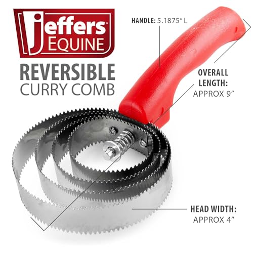 Jeffers Equine Reversible Shedding Curry Comb for Horses, Dual Stainless Steel Spring Teeth, 2-Sided Grooming Brush, Spring Action Rotating Head, Deep Cleaning Coat Grooming, Plastic Grip Handle, Red - color: Red